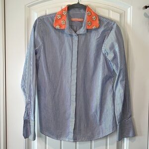 Vilagallo Anthropologie striped button down blouse embroidered flower collar S/M